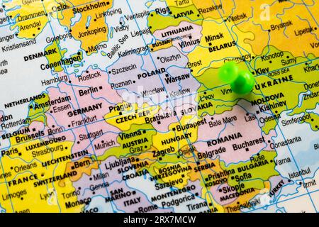 This stock image shows the location of Ukraine on a world map Stock Photo