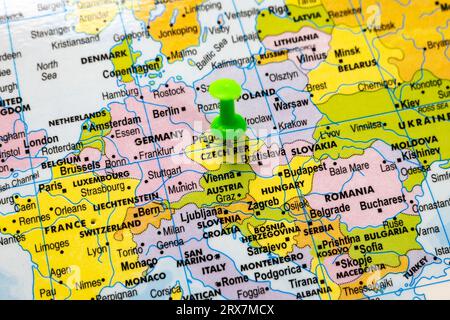 This stock image shows the location of the Czech Republic on a world map Stock Photo