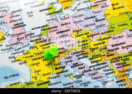 This stock image shows the location of France on a world map Stock Photo