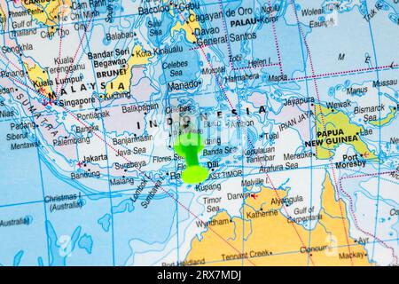 This stock image shows the location of Indonesia on a world map Stock Photo