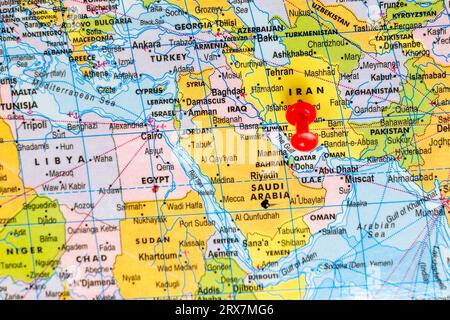 This stock image shows the location of Iran on a world map Stock Photo