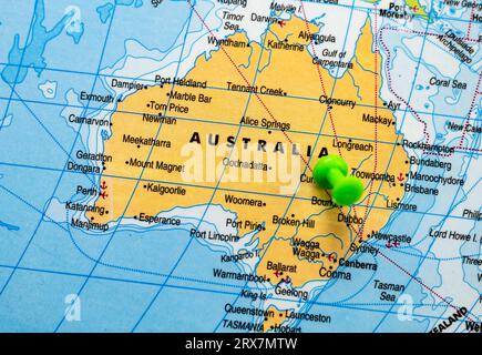 This stock image shows the location of Australia on a world map Stock Photo