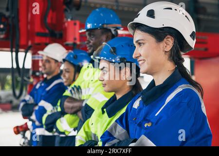 Group of engineering team happy worker diversity technician. woman engineers standing arm crossing in assembly plant. Industry staff working people te Stock Photo