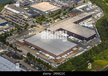 Aerial view, Friedrich der Große industrial estate on the Rhine-Herne Canal, UPS Logistics, Horsthausen, Herne, Ruhr area, North Rhine-Westphalia, Ger Stock Photo