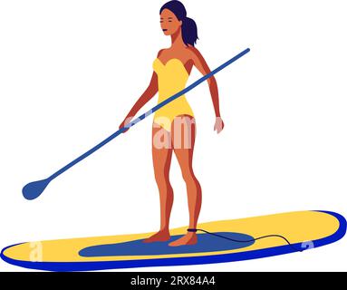 Young woman in a swimsuit swimming on a SUP board vector flat illustration vacation outdoor Stock Vector