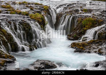 Detail of Bruarfoss - Bridge Falls - on Iceland's Golden Circle route under cloudy autumn sky. Stock Photo