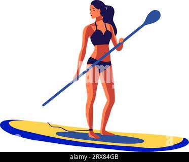 Young woman in a swimsuit swimming on a SUP board vector flat illustration vacation outdoor Stock Vector