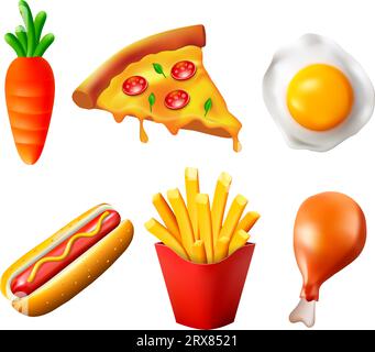 3d food icon set. Fast food realistic cartoon render vector collection with pizza, chicken leg, egg, fried potatoes, hot dog, carrot Stock Vector