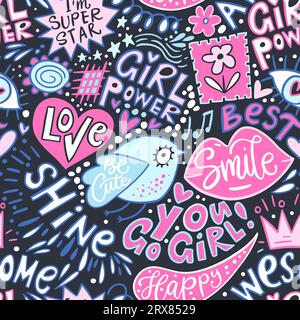 Cute lettering girly seamless pattern vector cool bird funny girl power smile quotes vector background Stock Vector
