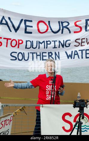 Whitstable, Kent, UK. 23 September, 2023. Jenny Jones, Baroness Jones of Moulsecoomb Green party addresses the crowd at Whitstable, Kent for the Save our Seas protest, 3pm, 23rd September 2023 Credit: Prixpics/Alamy Live News Stock Photo