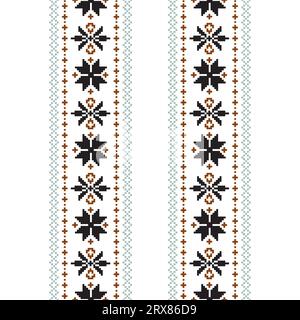 A vibrant cross stitch pattern border featuring black and orange flowers Stock Vector