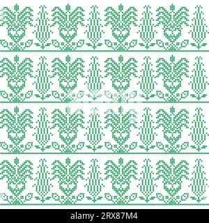 A cross stitch pixel art border pattern in green and white Stock Vector