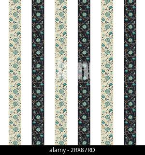 A black and white striped borders with blue flowers Stock Vector