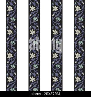 A black and white striped seamless border pattern with flowers on it Stock Vector