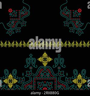A vibrant green and yellow dotted pixel art border pattern design on a black background Stock Vector