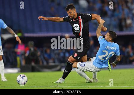 Rome, . 23rd Sep, 2023. Rome, Italy 23.09.2023: Andrea Carboni of Monza, Mattia Zaccagni of Lazio in action during the Italy Serie A TIM 2023-2024 day 5 football match between SS Lazio vs AC Monza at Olympic Stadium in Rome. Credit: Independent Photo Agency/Alamy Live News Stock Photo
