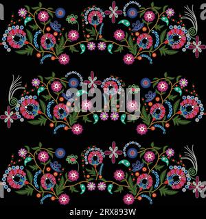 Colorful border of flowers and leaves on a black background Stock Vector