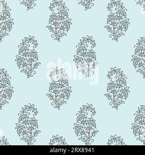A vibrant blue background with an intricate pattern of leaves and berries, line drawing art Stock Vector