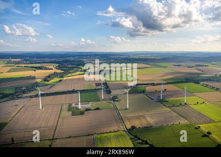 Aerial view, wind farm and construction of wind turbines, meadows and fields near the highway A44, Mawicke, Werl, Werl-Unnaer Börde, North Rhine-Westp Stock Photo