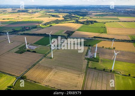 Aerial view, wind farm and construction of wind turbines, meadows and fields near the highway A44, Mawicke, Werl, Werl-Unnaer Börde, North Rhine-Westp Stock Photo