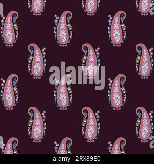 A pattern of pink and blue paisley on a purple background Stock Vector