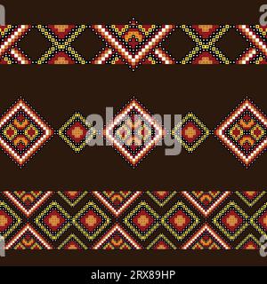 A colorful cross stitch pattern in red, yellow, and brown threads, repeated seamless border Stock Vector