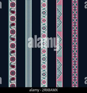 A colorful striped background with various unique seamless repeated border designs Stock Vector