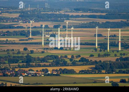 Aerial view, wind farm and wind turbine construction, Mawicke, Werl, Werl-Unnaer Börde, North Rhine-Westphalia, Germany, Alternative energy, Construct Stock Photo