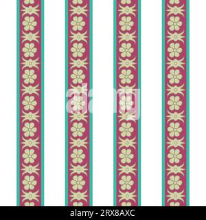 A pink and green striped seamless repeated borders with flowers Stock Vector
