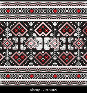 A black and red knitted pattern with hearts, repeated seamless border Stock Vector
