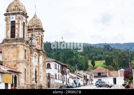 Tibasosa, Boyaca, Colombia - August 9th 2023. Historical Our Lady of the Rosary Church at the central square of the small town of Tibasosa located in Stock Photo