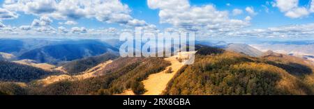 HIghland plateau and hill top on Great Dividing range in Australia - scenic aerial landscape panorama. Stock Photo