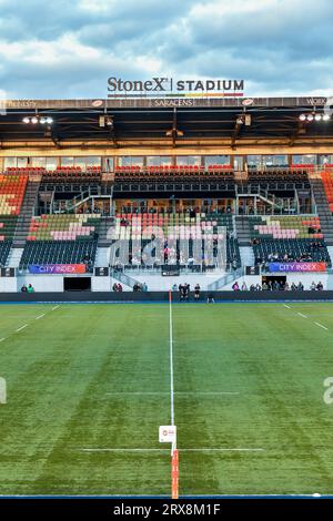 London, UK. 23rd Sep, 2023. The StoneX Stadium ready for the Allianz Cup match between Saracens Women and Harlequins Women at the StoneX Stadium, London, England on 23 September 2023. Photo by Phil Hutchinson. Editorial use only, license required for commercial use. No use in betting, games or a single club/league/player publications. Credit: UK Sports Pics Ltd/Alamy Live News Stock Photo