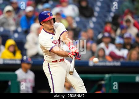 Philadelphia Phillies catcher J.T. REALMUTO hits a single to left field in  the top of the second inning during the MLB game between the Philadelphia P  Stock Photo - Alamy