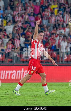 September 23, 2023: Diego Arribas of UD Almeria celebrate his goal during the match between UD Almeria and Valencia CF of La Liga EA Sports on September 23, 2023 at Power Horse Stadium in Almeria, Spain. (Photo by Samuel CarreÃ±o) (Credit Image: © Samuel CarreÃ±O/PX Imagens via ZUMA Press Wire) EDITORIAL USAGE ONLY! Not for Commercial USAGE! Stock Photo