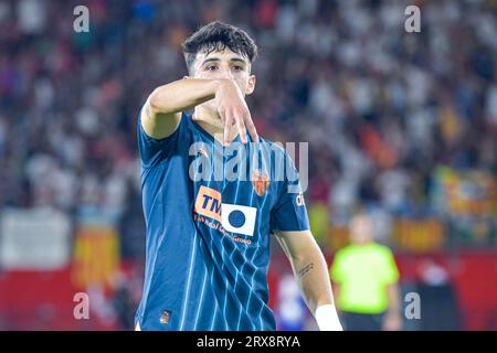 September 23, 2023: Diego Lopez of Valencia CF celebrate his goal during the match between UD Almeria and Valencia CF of La Liga EA Sports on September 23, 2023 at Power Horse Stadium in Almeria, Spain. (Photo by Samuel CarreÃ±o) (Credit Image: © Samuel CarreÃ±O/PX Imagens via ZUMA Press Wire) EDITORIAL USAGE ONLY! Not for Commercial USAGE! Stock Photo