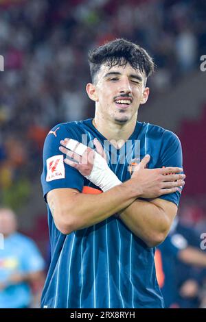 September 23, 2023: Diego Lopez of Valencia CF celebrate his goal during the match between UD Almeria and Valencia CF of La Liga EA Sports on September 23, 2023 at Power Horse Stadium in Almeria, Spain. (Photo by Samuel CarreÃ±o) (Credit Image: © Samuel CarreÃ±O/PX Imagens via ZUMA Press Wire) EDITORIAL USAGE ONLY! Not for Commercial USAGE! Stock Photo