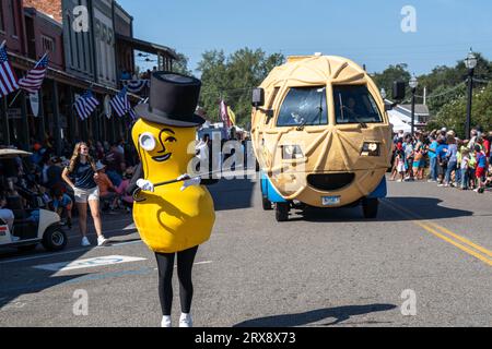 Plains, United States. 23rd Sep, 2023. Mr Peanut dances down Main Street followed by the Nutmobile during the 26th annual Plains Peanut Festival in honor of former President Jimmy Carter, September 23, 2023 in Plains, Georgia. Former President Jimmy Carter and his wife Rosalynn Carter, life-long residents of the village were briefly spotted at the festival inside a private vehicle. Credit: Richard Ellis/Richard Ellis/Alamy Live News Stock Photo