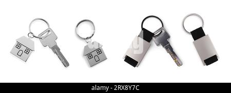 Set with keys and key chains isolated on white Stock Photo