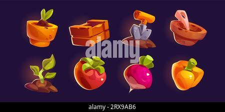 Farm gardening game ui icon of tool and vegetable vector cartoon illustration set. Isolated food and farmer equipment interface element for mobile app Stock Vector