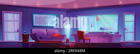 Music and sound record studio booth vector cartoon interior illustration. Microphone and synthesizer professional equipment in room with door and glas Stock Vector