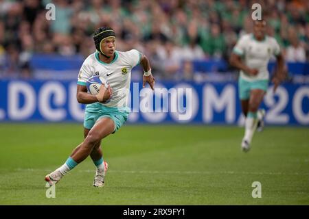 Saint Denis, France. 23rd Sep, 2023. South Africa's right wing Kurt-Lee Arendse during the France 2023 Rugby World Cup Pool B match between South Africa and Ireland at the Stade de France in Saint-Denis, on the outskirts of Paris on September 23, 2023. Photo by Eliot Blondet/ABACAPRESS.COM Credit: Abaca Press/Alamy Live News Stock Photo