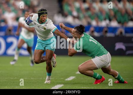 Saint Denis, France. 23rd Sep, 2023. South Africa's right wing Kurt-Lee Arendse during the France 2023 Rugby World Cup Pool B match between South Africa and Ireland at the Stade de France in Saint-Denis, on the outskirts of Paris on September 23, 2023. Photo by Eliot Blondet/ABACAPRESS.COM Credit: Abaca Press/Alamy Live News Stock Photo