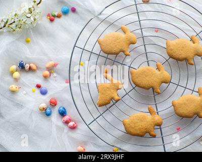 Easter cookies decorating. Festive cooking celebration concept. Flat lay. Sprinkle cookies with colored caramel for Easter Holiday. Easter background Stock Photo