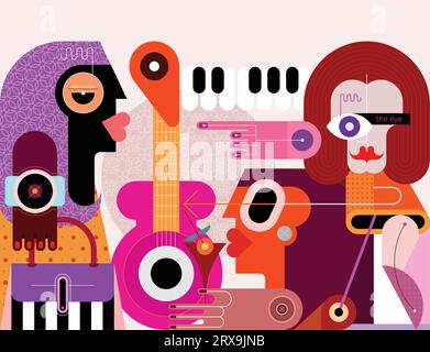 Relaxed people listen to a music and drink cocktails. Flat style vector illustration can be used as a poster design template. Stock Vector