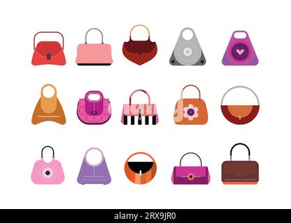 Colored design elements isolated on a white background Handbags and Clutches vector icon set. Collection of fashionable stylish women's handbags. Each Stock Vector