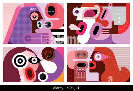 Set of four separate graphic portraits of people talking on the phone, vector illustration. Stock Vector