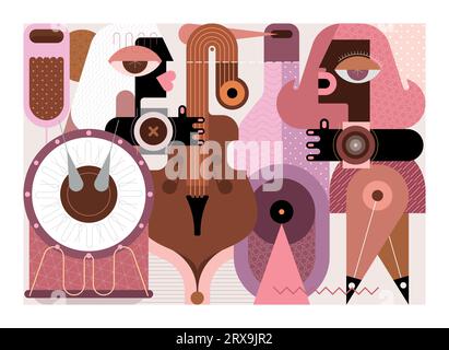 Wine and music vector illustration. A man playing contrabass, woman listen a music and drink wine. Stock Vector