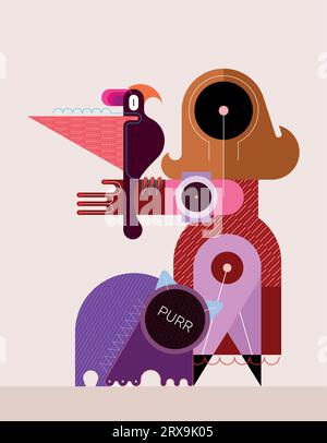 A woman, a bird and a cat. Abstract faceless female design with long hair in a dress is standing with parrot on her arm, a fat cat rubs against her le Stock Vector