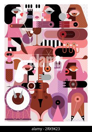 Wine and music conceptual vector illustration. Jazz band concert at a party, where people drink wine and listen to beautiful music. Modern art collage Stock Vector